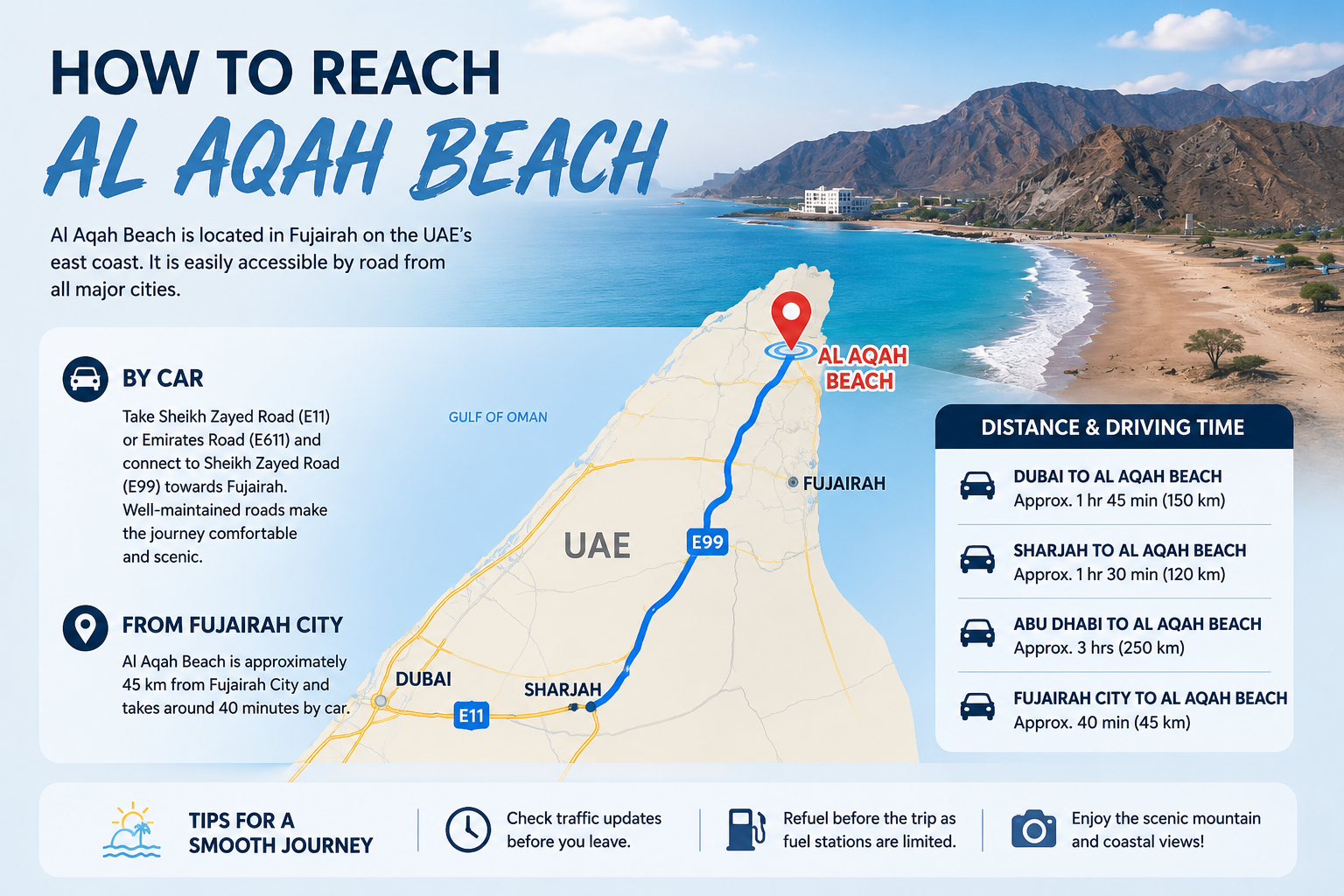 How to Reach Al Aqah Beach
