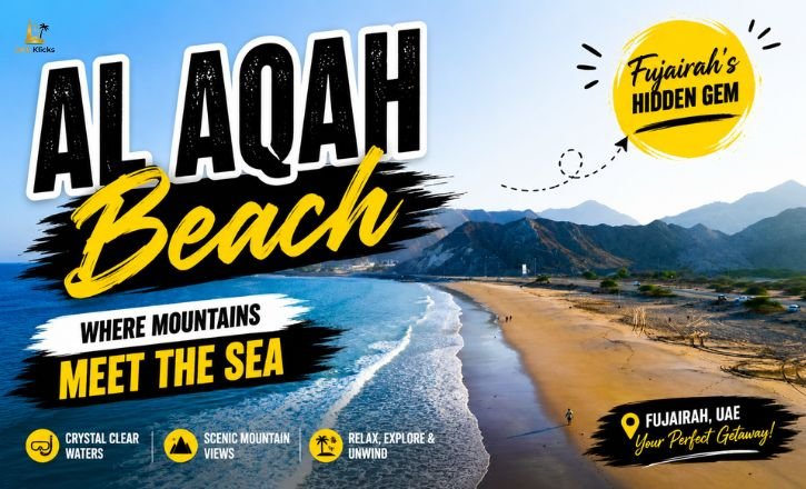Aerial view of Al Aqah Beach in Fujairah with turquoise waters, golden sand, and the Hajar Mountains in the background.