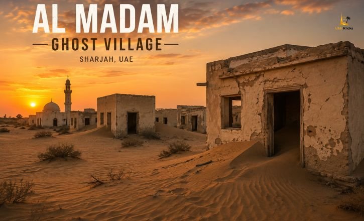 Al Madam Ghost Village in Sharjah with abandoned houses partially buried by desert sand dunes