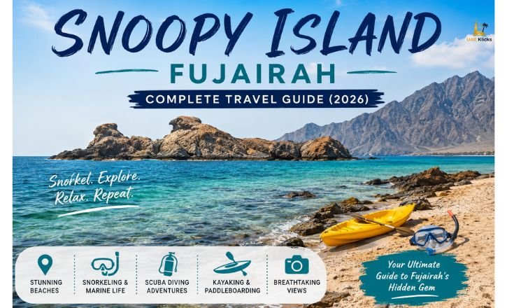 Scenic view of Snoopy Island in Fujairah with turquoise waters, rocky island, Hajar Mountains, and snorkeling activities.